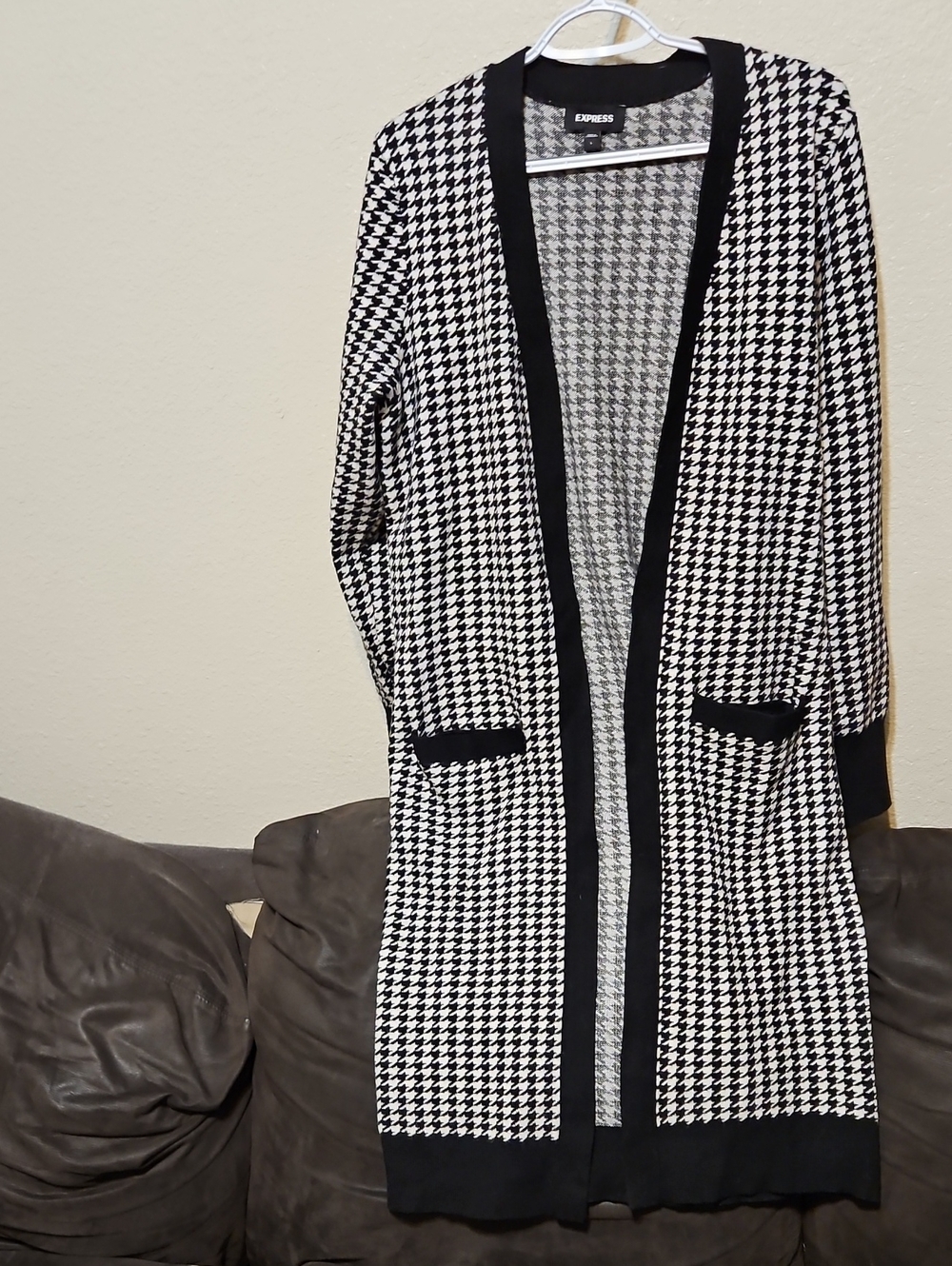 Express Black and White Houndstooth Long Cardigan